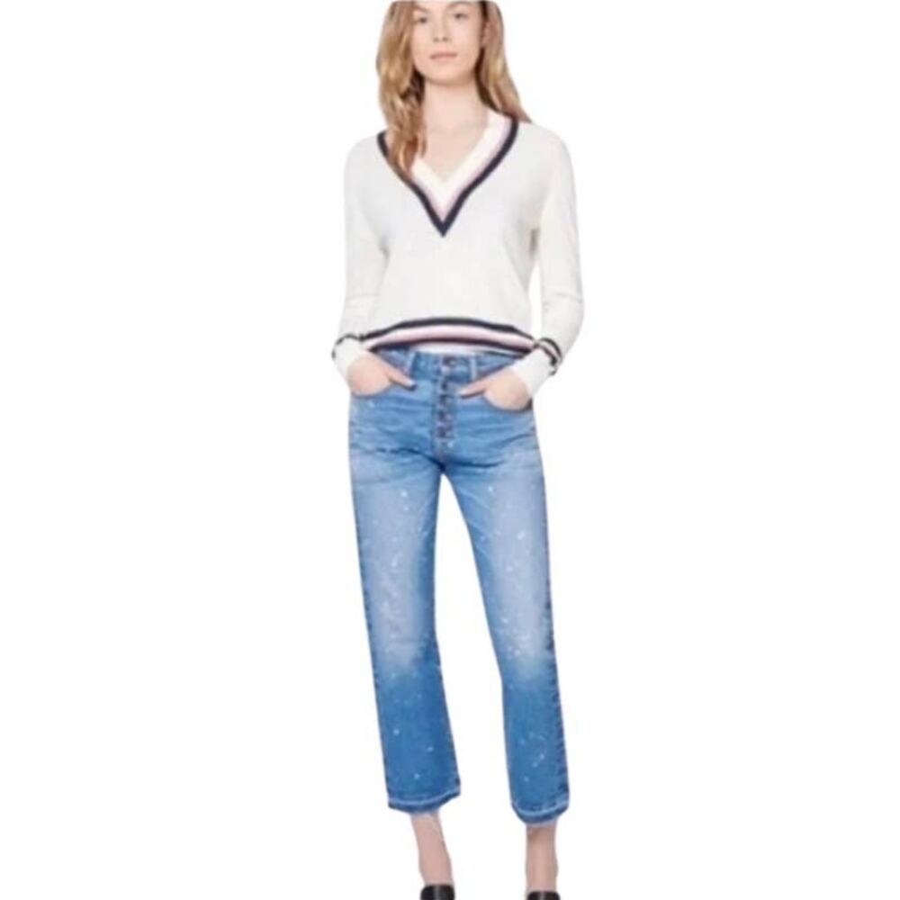 Veronica Beard Stained High Rise Raw Hem Mid Wash